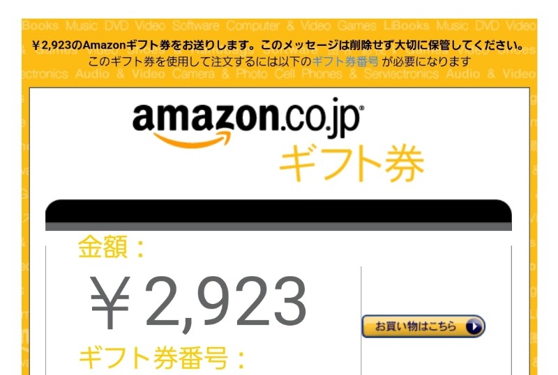 アマゾン×ツイッターアフィリの報酬 アマゾンギフト券 初号機